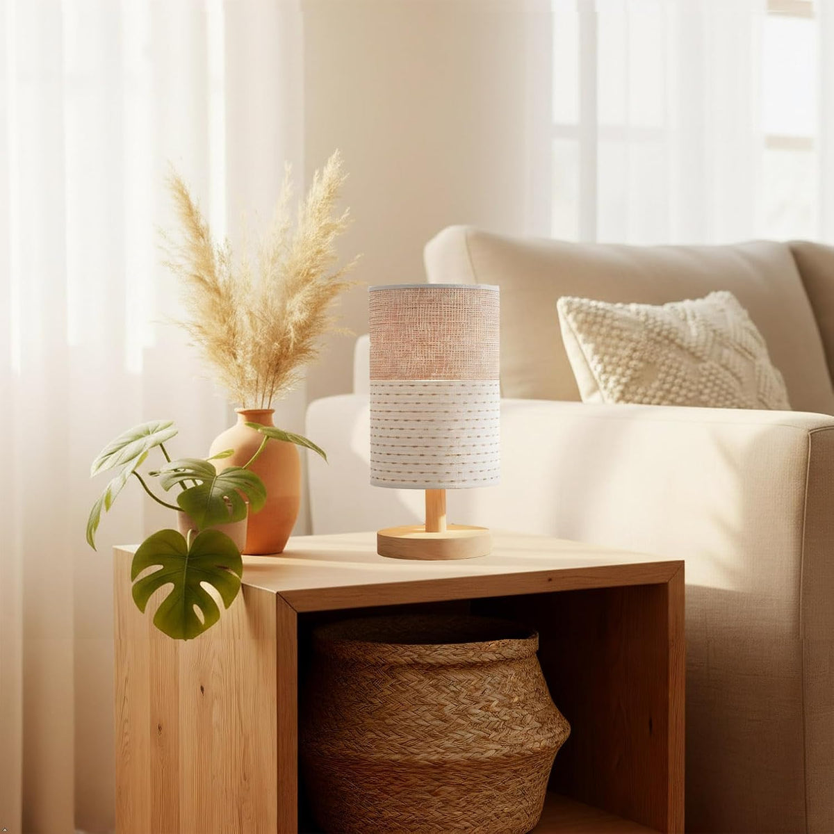 AFORTLO Table Desk Lamp, Small Fabric Boho Decorative Nightstand Night Light Solid Wood Base Lamp for Bedroom,Living Room,End Table or Office with Bulb (Brown Knit Fabric)