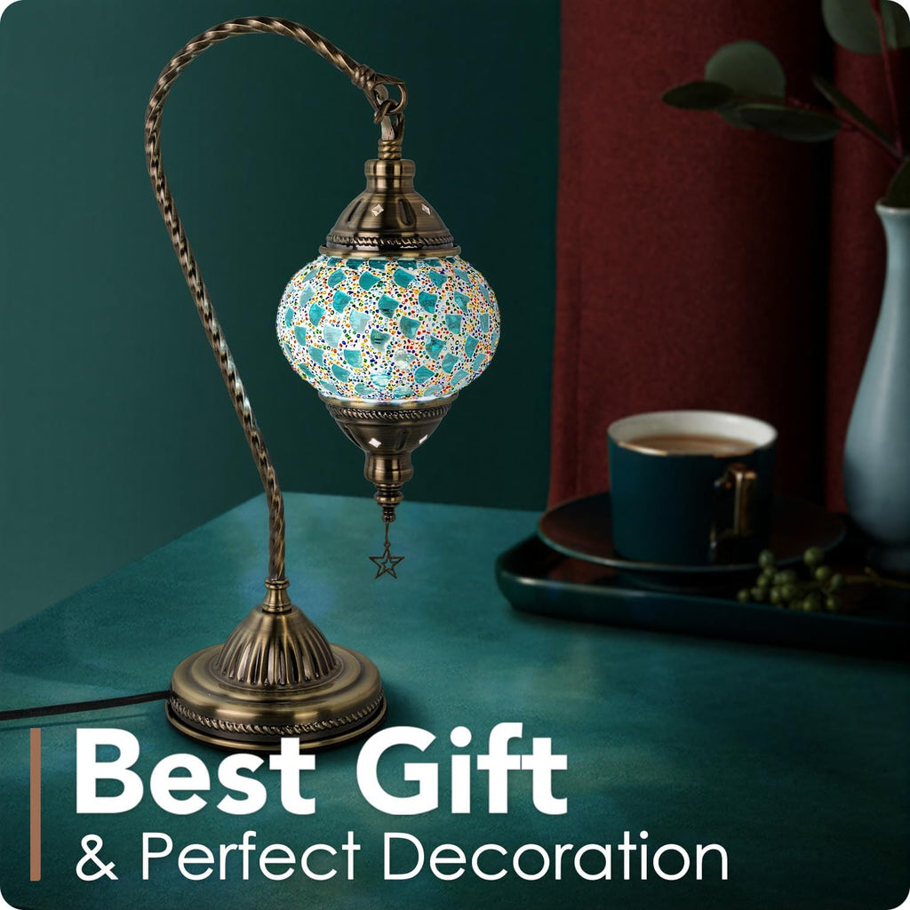Yarra-Decor Turkish Moroccan Lamp with Bronze Base 3 Color Options Handmade Swan Neck Mosaic Glass Bedside Lamps for Bedroom (LED Bulb Included)(Colorful4)