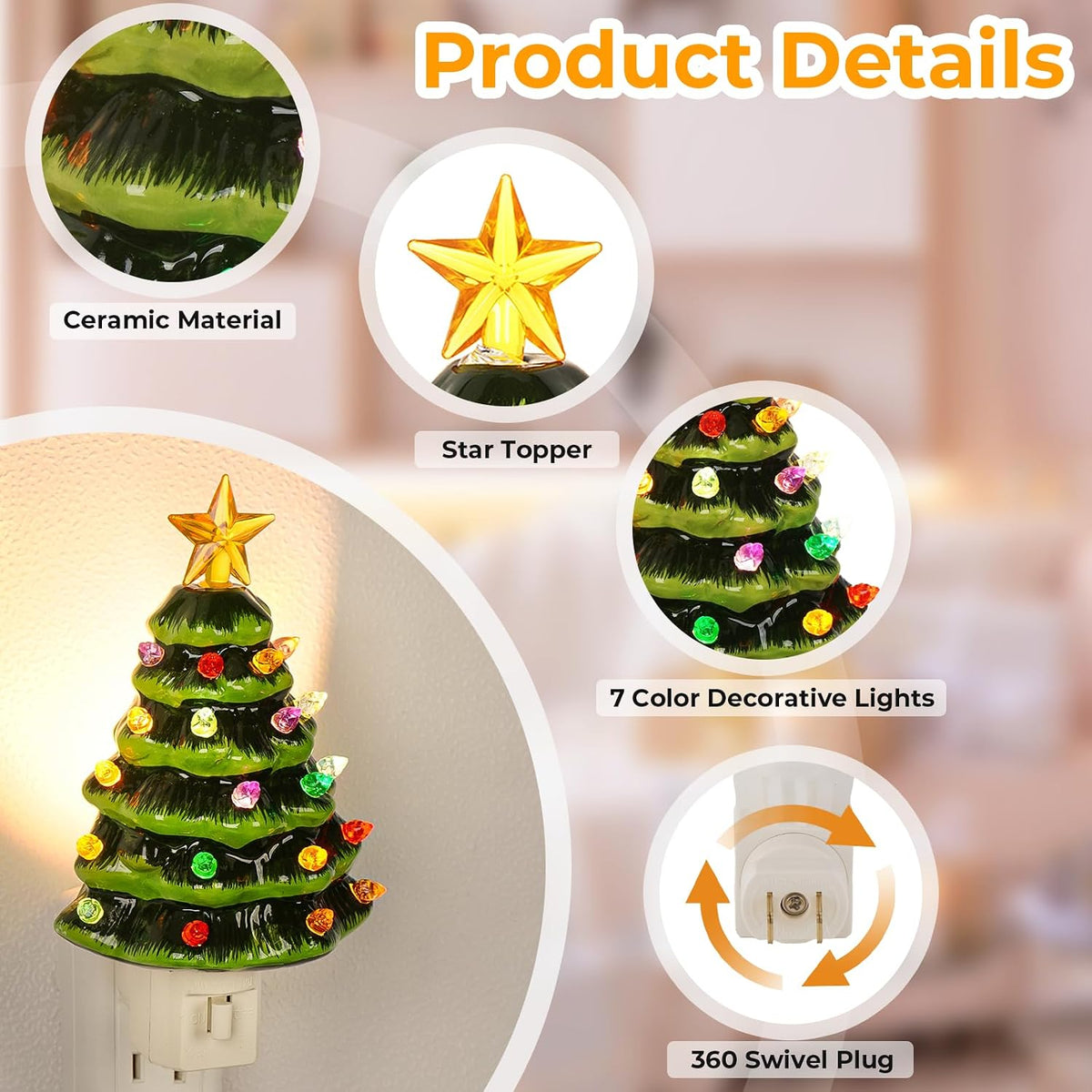Brightever Ceramic Christmas Tree Night Lights, 2-Pack Plug-in 6" H Vintage Christmas Wall Decor with Multicolor LED Bulbs, 360 Swivel Plug, On/Off Switch, Xmas Tree Nightlight for Bathroom, Bedroom