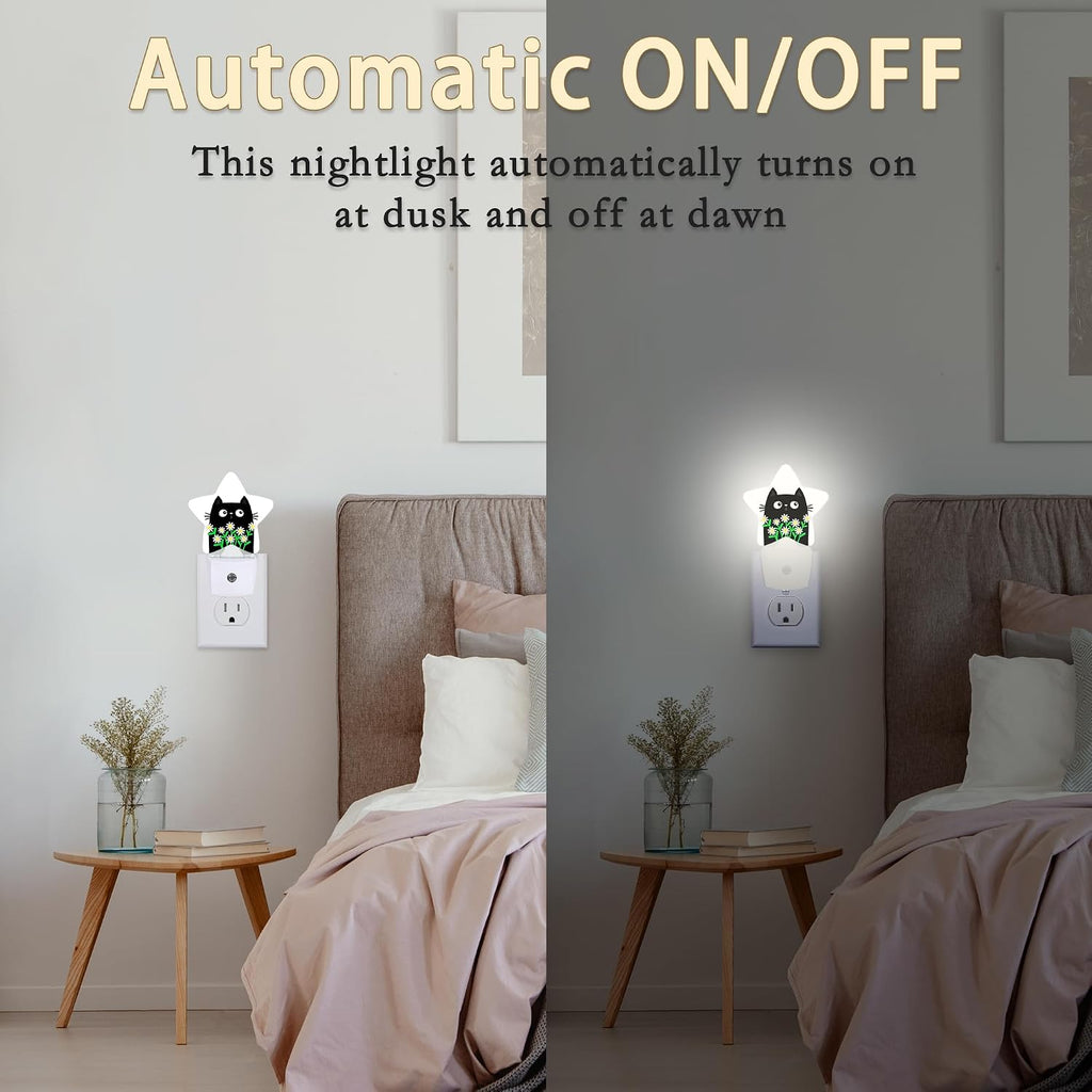Cat Kitten Daisy Plug-in Night Light with Dusk-to-Dawn Sensor for Bedroom,Bathroom and Living Room Sleep Friendly lamp for Women/Girls/Boys Gift,0.5W