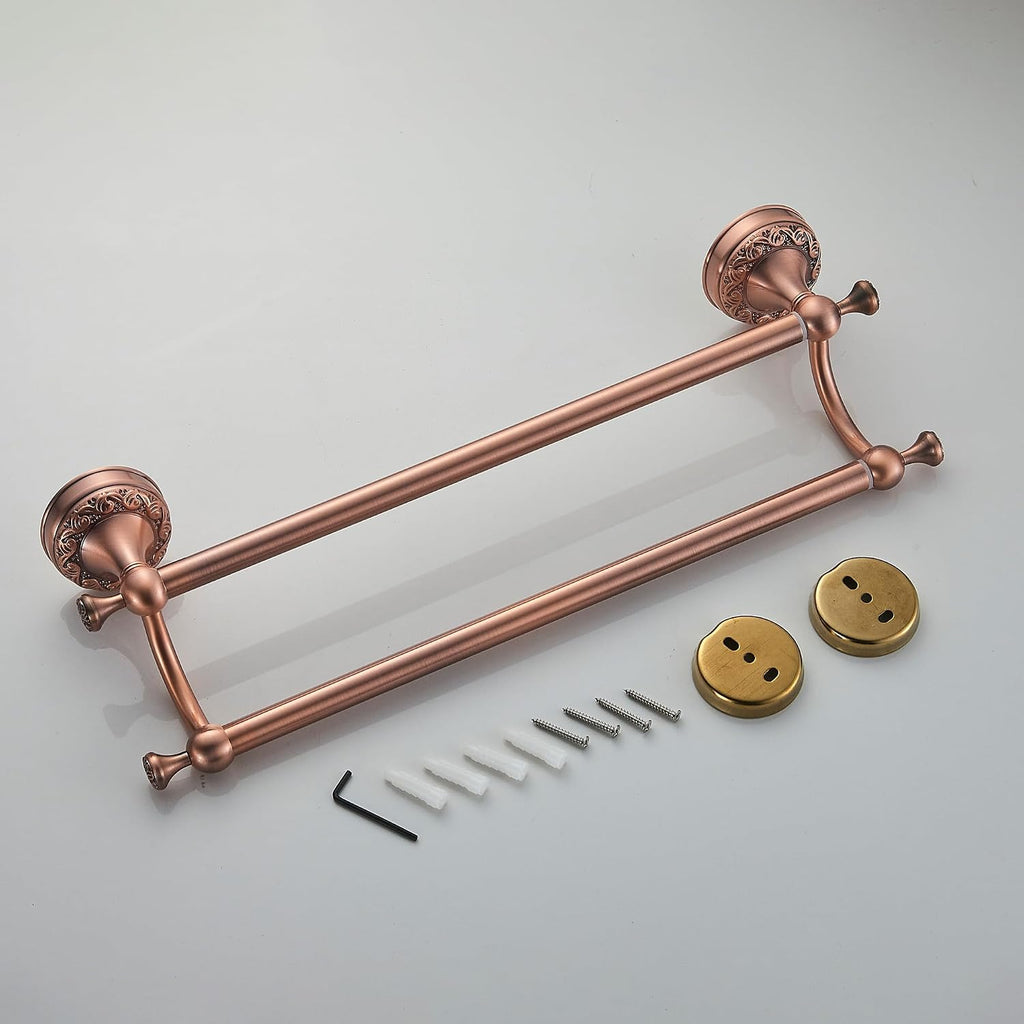 Red Copper Double Towel Bar, Adjustable 15.5 to 27.5 Inch Bath Towel Rack for Bathroom Towel Holder, Wall Mounted Black Bathroom Hardware Accessories,Pattern Carving Design