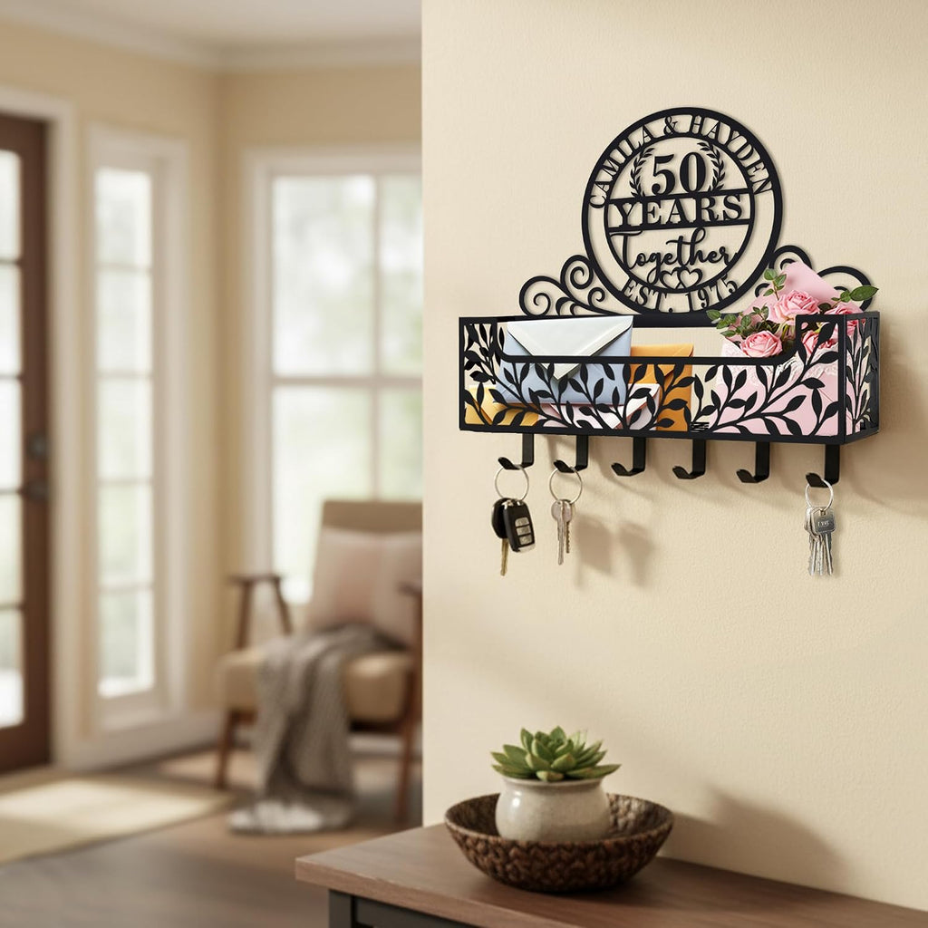 Personalized Metal Anniversary Wedding Gift Key and Mail Holder, Wall Mount Entryway Organizer with Hooks, Custom Key Rack for Kitchen, Bathroom, and Home Storage