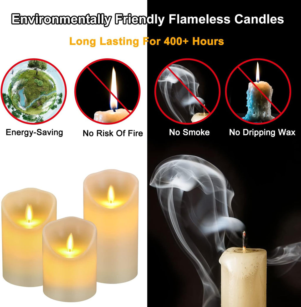 antizer Flameless LED Candles 4" 5" 6" Set of 3 Dripless Real Wax Pillars Include Realistic Flames and 10-Key Remote Control with 24-Hour Timer Function
