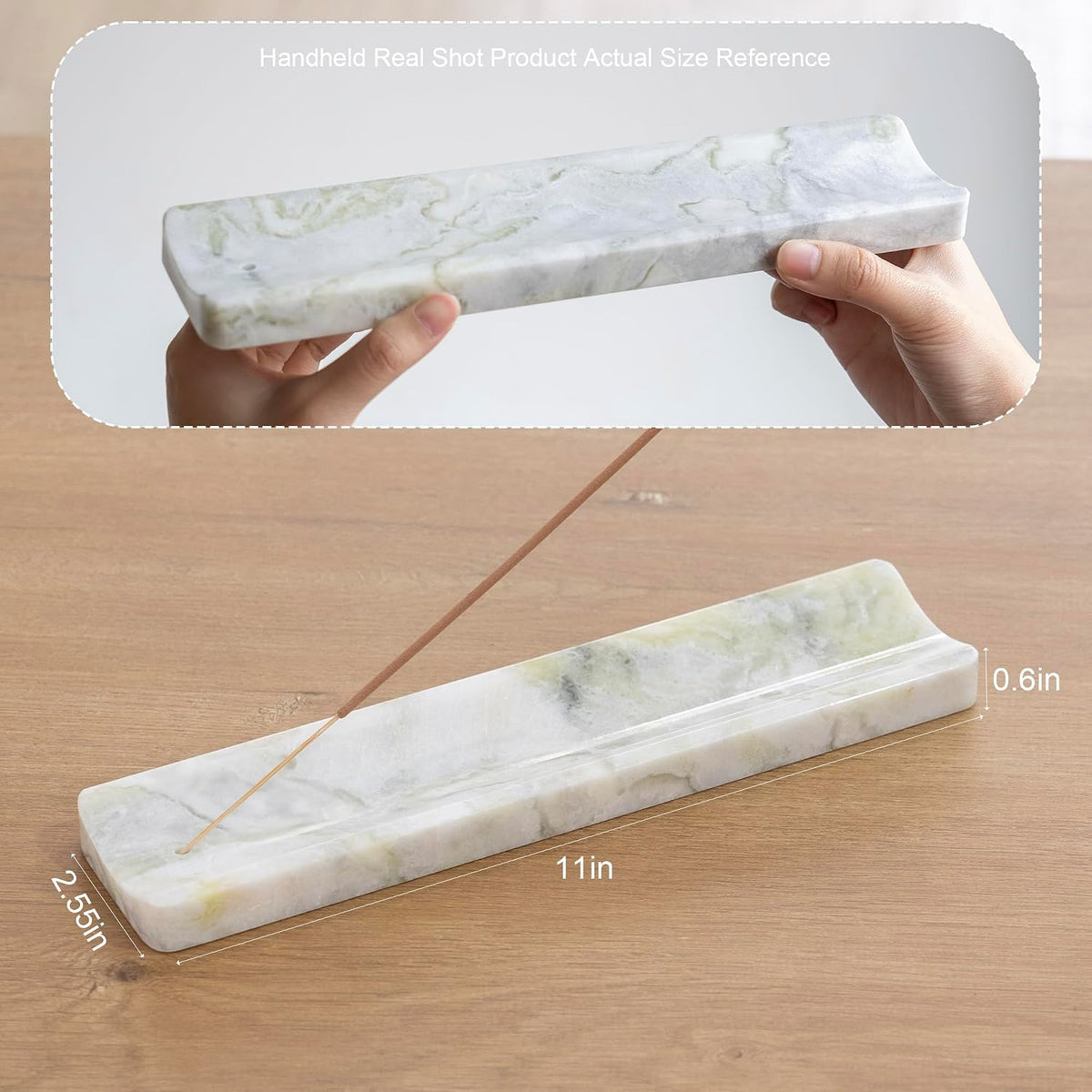 Marble Incense Holder Burner-Natural Stone Stick Incense Tray with Ash Catcher，20 Sticks & Brush - Elegant Decor for Meditation, Yoga, Home,Gift(White Green)