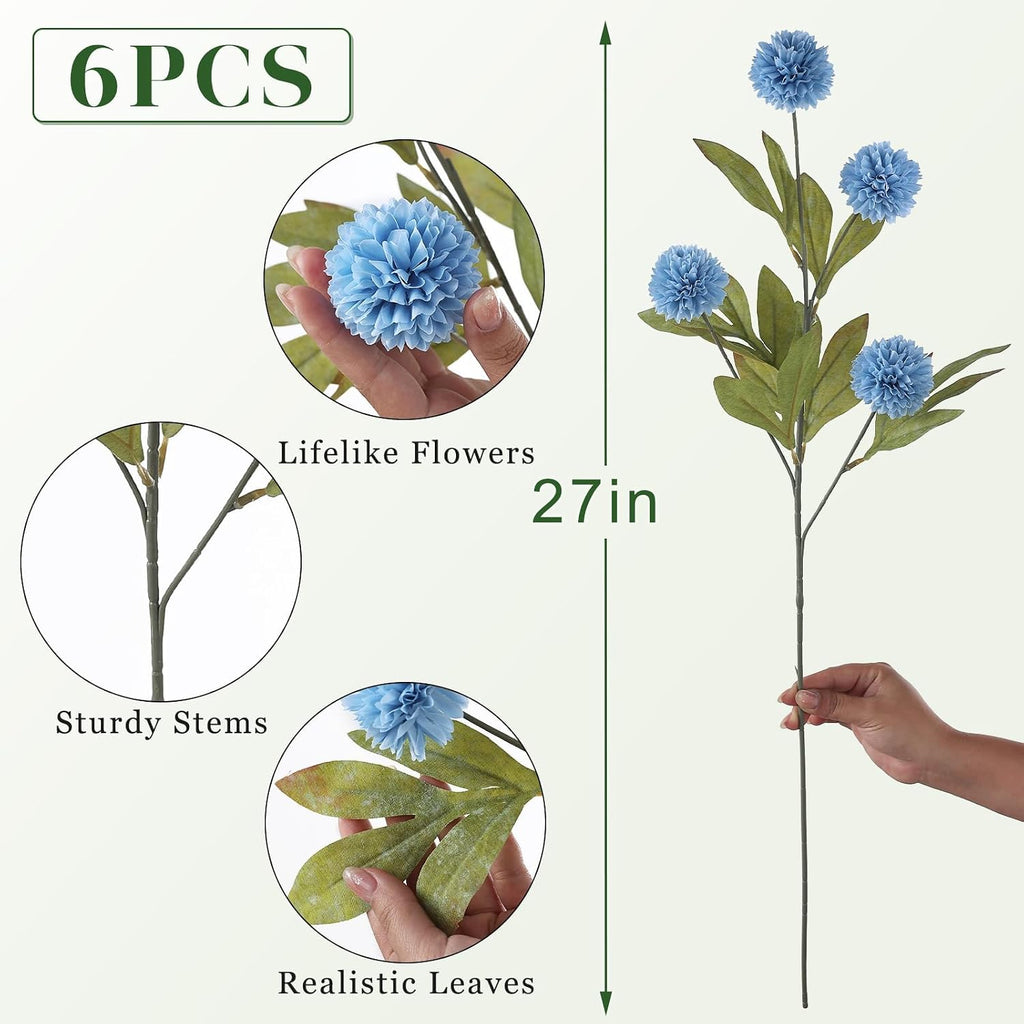 6 Pcs 27"Artificial Pompon Mum Silk Flower Stems for Vase (Dusty Blue)