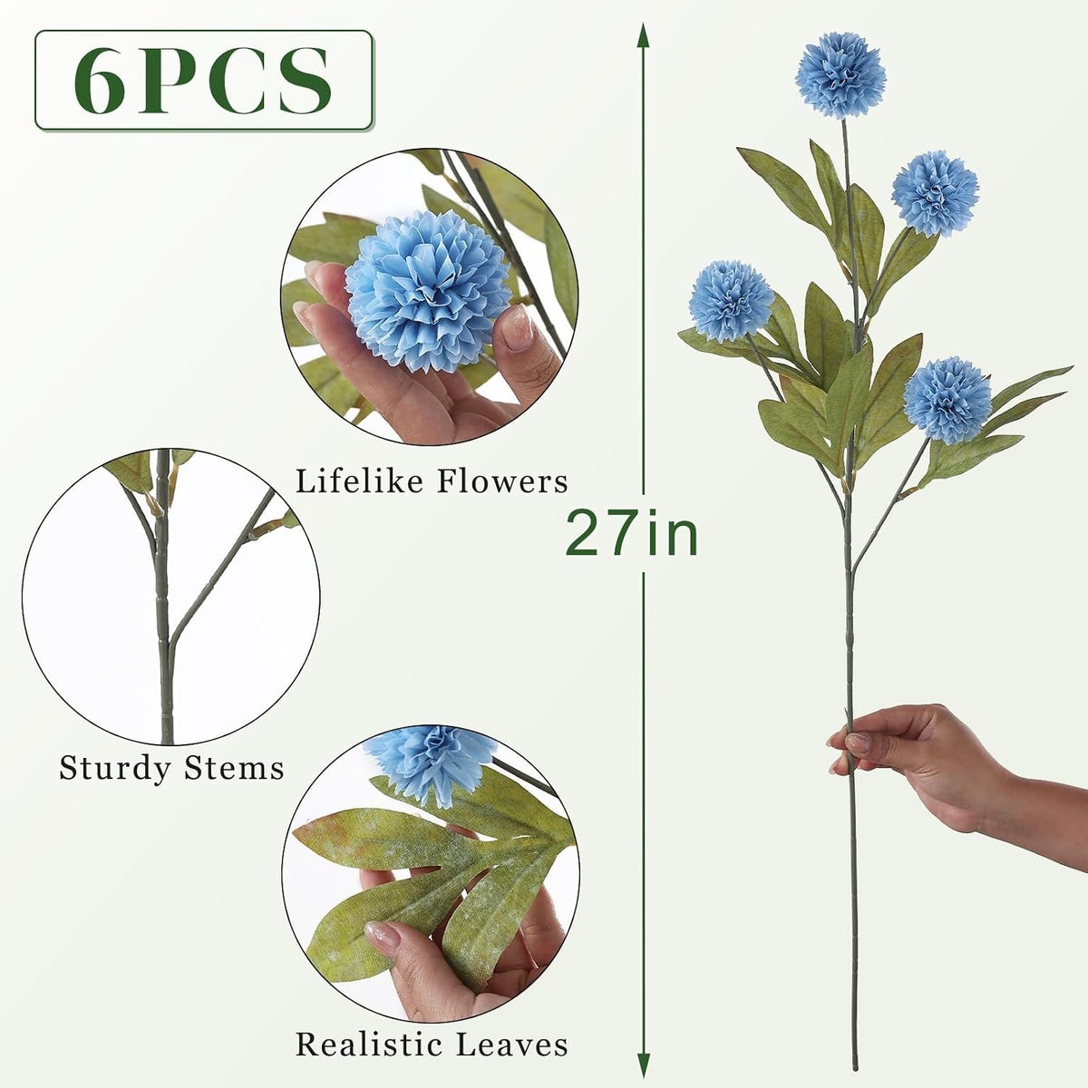 6 Pcs 27"Artificial Pompon Mum Silk Flower Stems for Vase (Dusty Blue)