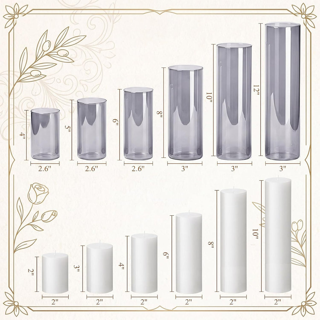 Shihanee 6 Glass Cylinder Vase Pillar Candle,White, Smoky Black,Set of 6