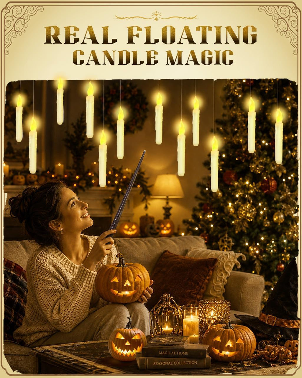 Flameless Floating Candles with Wand，12 Pcs Magic LED Hanging Taper Candles，Flickering Battery Operated Taper Candle with Wand Remote for Halloween Decorations