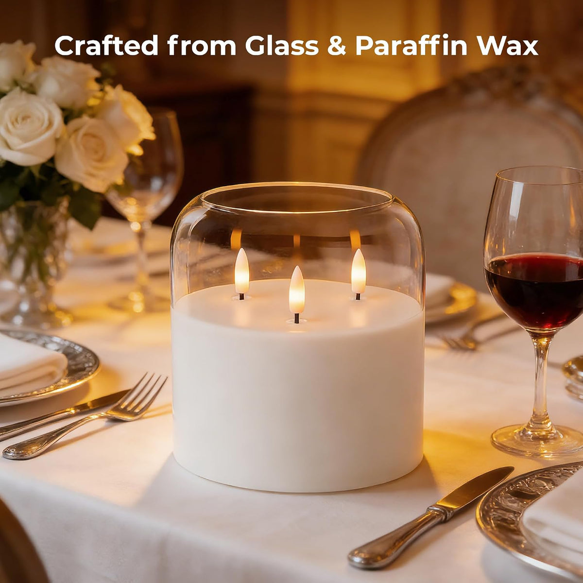 3 Wick Flameless Candle with Remote, Clear Glass, Wax, Battery Operated LED