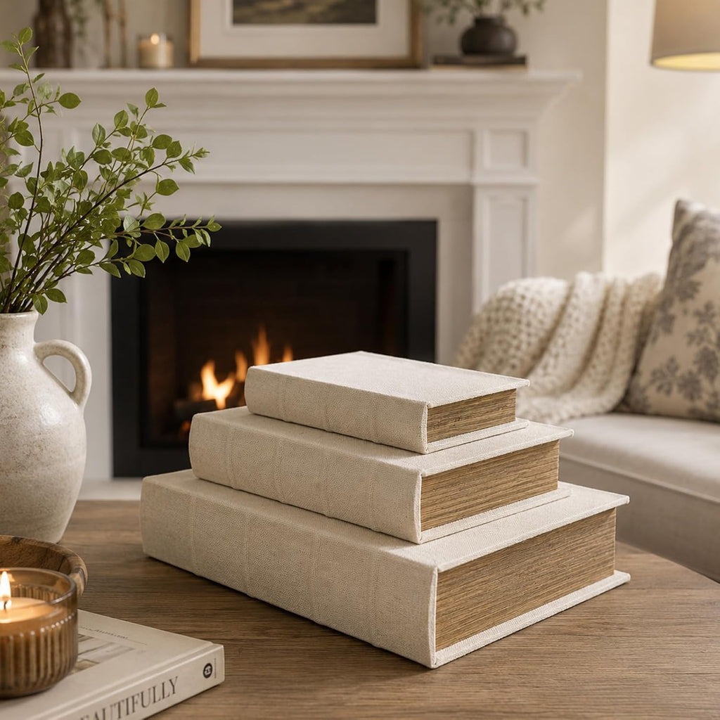 Decorative Book Boxes Set of 3 – Modern Faux Linen & Wood,Beige