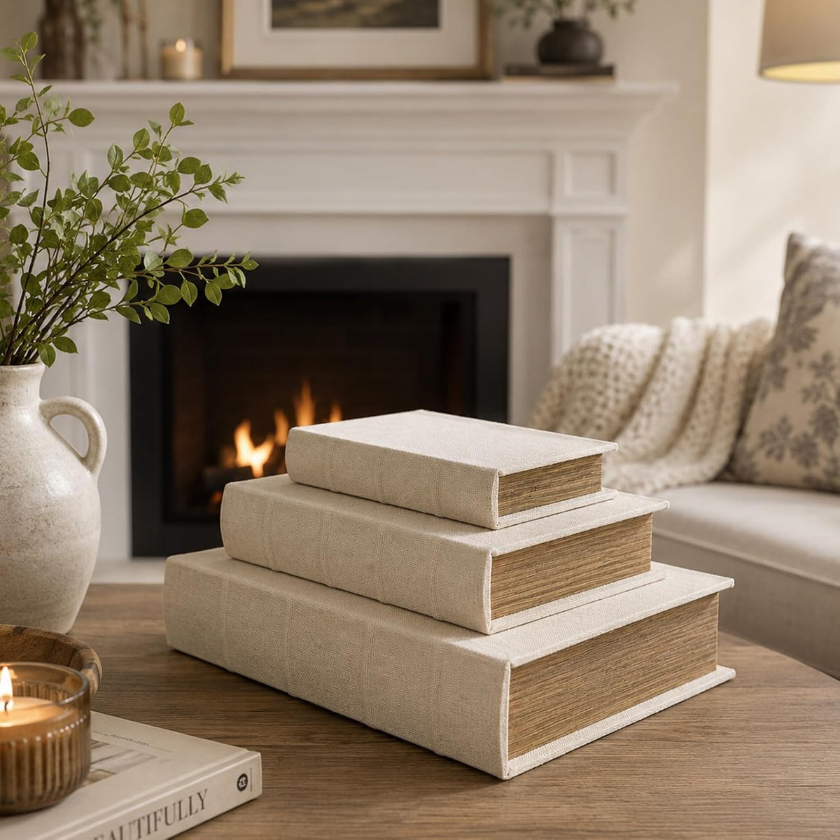 Decorative Book Boxes Set of 3 – Modern Faux Linen & Wood,Beige