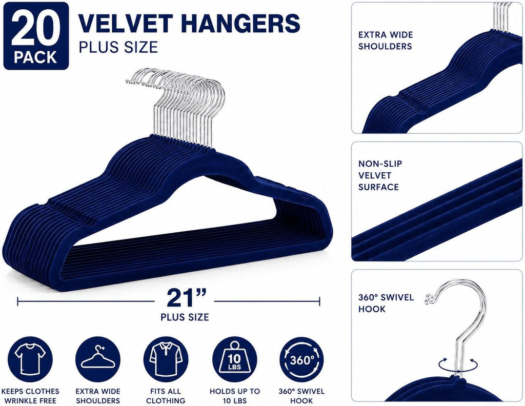 Home Expressions Premium 20 Pack - Ultra Thin No Slip Velvet Suit Swivel Hangers - 21" Extra Wide Strong Velvet Hangers - Space Saving Clothes Hangers - 21x0.2x10 inches (Navy)
