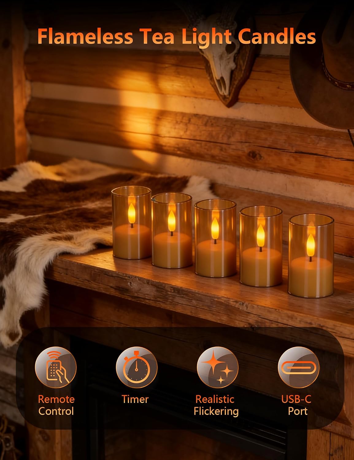 Rechargeable Flameless Tea Light Candles with Remote Timer,Amber Acrylic LED Votive Candles,USB-C Fast Charging,60+ Hour Runtime,Dimmable Flickering&Steady Glow for Home,Wedding,Holiday Decor,6 Pack
