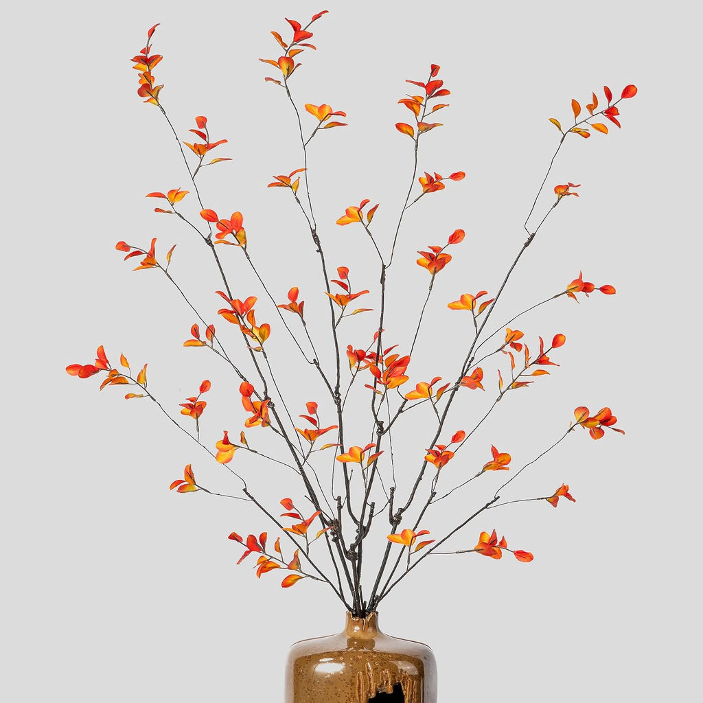 4PCS Artificial Orange Branches 35.4", Faux Fall Stems for Vase, Long Decorative Branches with Autumn Leaves, Bendable Orange Stems for Tall Vase Fall Decorations Home Decor