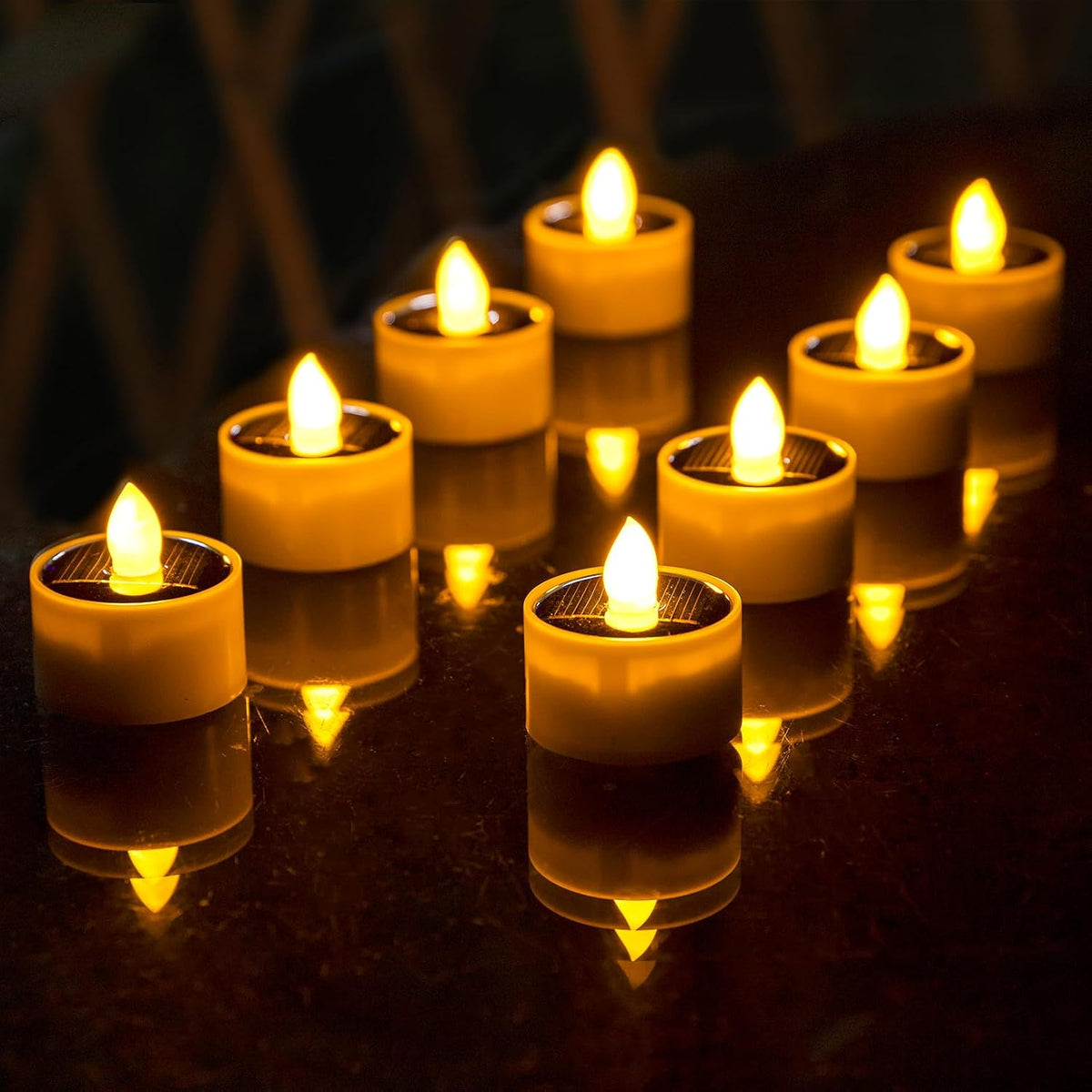 Solar Tea Lights Outdoor Waterproof, 8pcs Rechargeable Dusk to Dawn Little Solar Votive Candles, Flameless Flickering Small Light for Lantern Window DIY Chandelier Patio Deck Garden Decor (Warm Amber)
