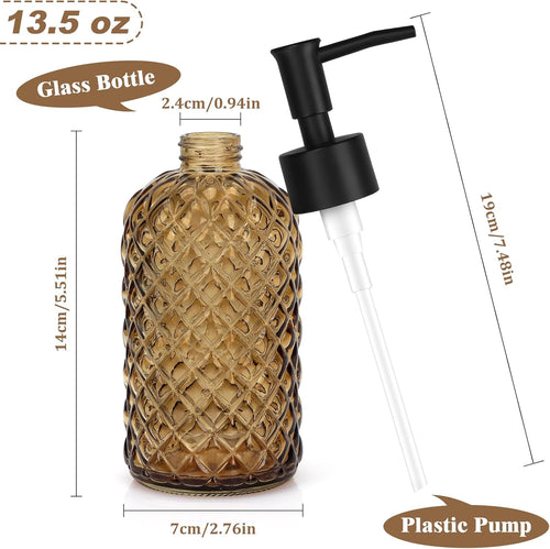 1 Pack 13.5oz Glass Soap Dispenser with Plastic Pump, Diamond Design Refillable Hand Soap Dispenser for Hand Wash, Bathroom and Kitchen (Amber)