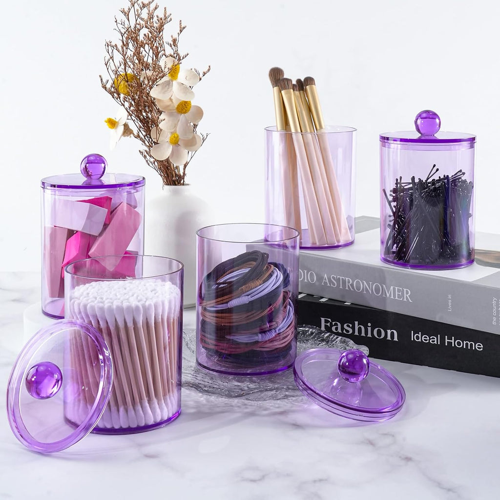 4 Pcs Acrylic Qtip Holder, Cotton Ball Holder Jars with Lids, Purple