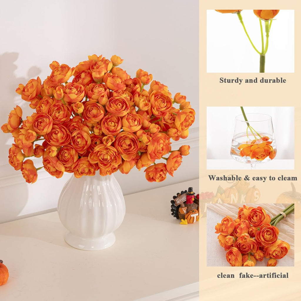 U'Artlines Mini Ranunculus Artificial Flowers Bouquet 20 PCS Citrus Orange