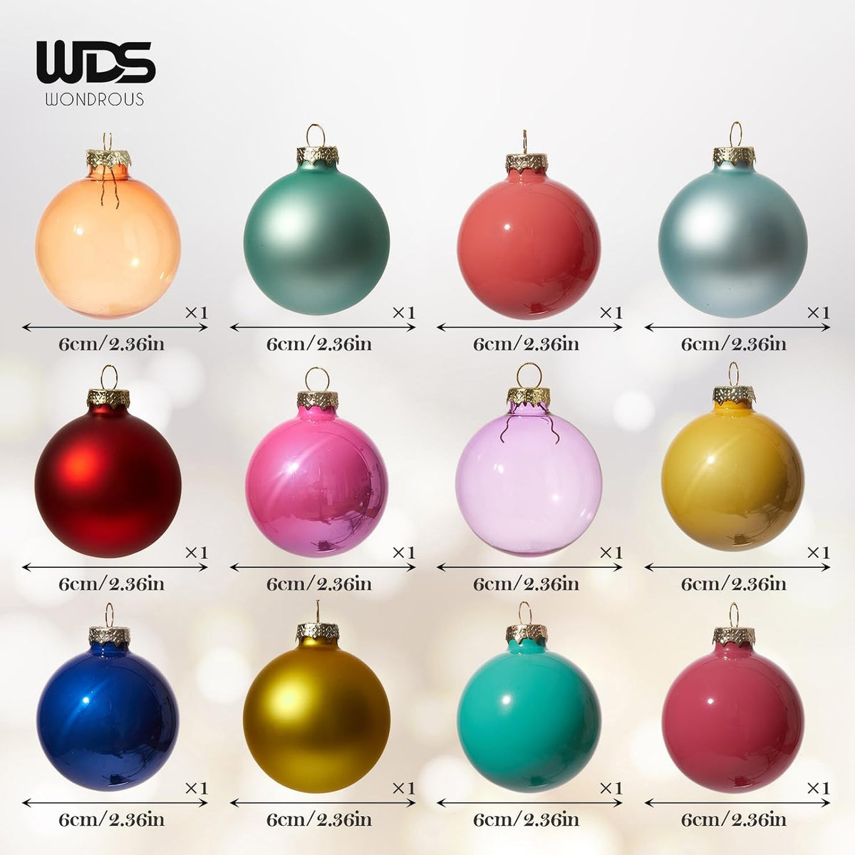 WDS WONDROUS Glass Christmas Ball Ornaments 12PCS 2.36" Colorful Decoration