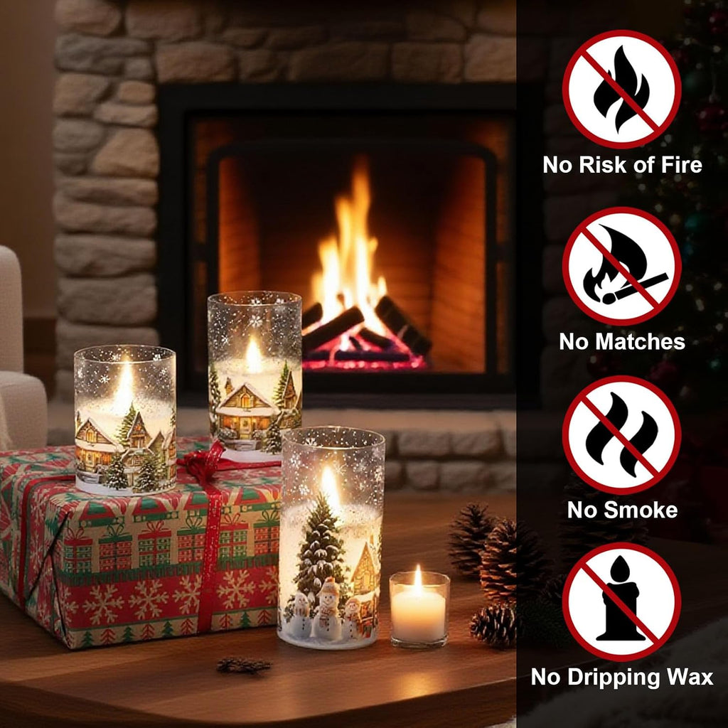 Snowman House Glass Flameless Candle Battery Operated Remote Timer