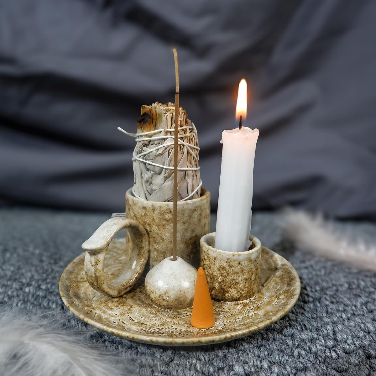 5 in 1 Ceramic Tabletop Incense Burner Holder for Palo Santo , Sage, Cones
