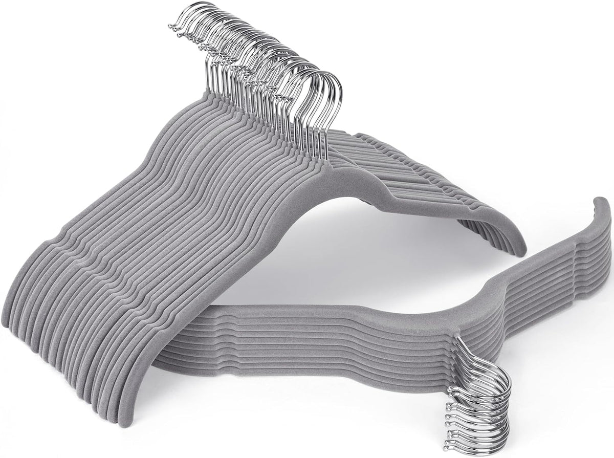 Gray Velvet Hangers 50 Pack, Non-Slip Felt Hangers with Shoulder Notches, Slim Space Saving Clothes Hangers with 360°Swivel Hook for Shirts Heavy Coats Clothes Dresses Closet(Gray)
