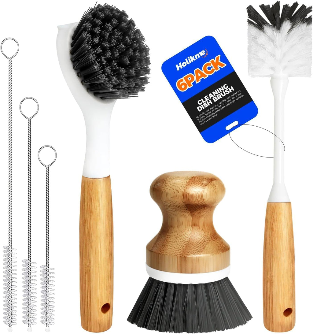Holikme 6 Pack Dish Brush with Bottle Brush Scrub Brush Straw,Charcoal