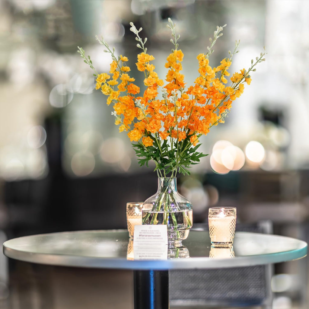 ZYTUYO Delphinium Artificial Flower 4PCS 33.5'' Faux Larkspur Long Stem Fake Floral Silk Bouquets Plant for Tall Floor Vase Home Kitchen Wedding Outdoor Indoor Arrangement Decor (Yellow)