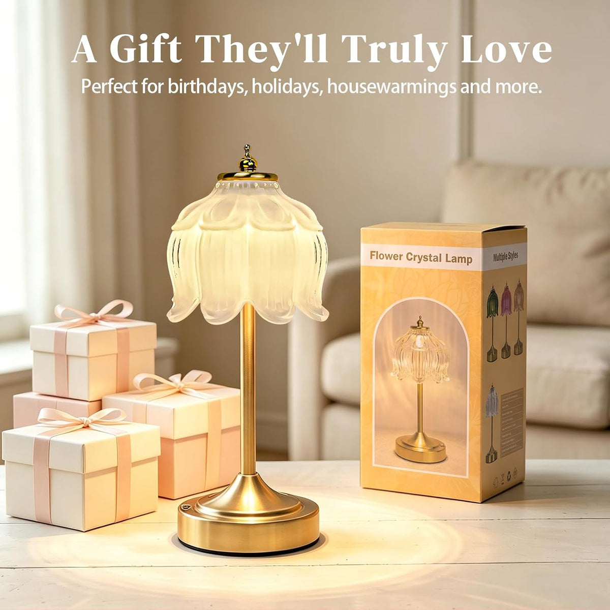 White Glass Flower Lamp, Rechargeable Cordless Table Lamp