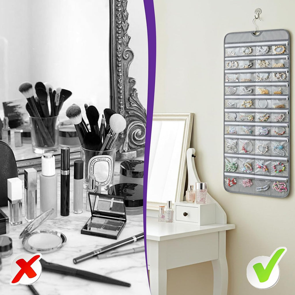 2 Pack Hanging Jewelry Organizer with 80 Zippered Pockets, Dual-Sided Dustproof Foldable for Travel, Accessories Organizer for Holding Jewelries, Earring Organizers and Storage