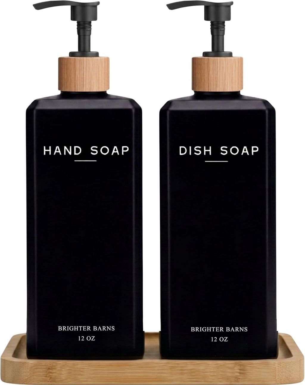 Black Glass Hand and Dish Soap Dispenser Set by Brighter Barns - 12oz Kitchen Soap Dispenser Set with Bamboo Tray and Pump - Boho Modern Home Decor for Kitchen Sink, Restaurant, Hotel, Gifts (Black)