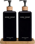 Black Glass Hand and Dish Soap Dispenser Set by Brighter Barns - 12oz Kitchen Soap Dispenser Set with Bamboo Tray and Pump - Boho Modern Home Decor for Kitchen Sink, Restaurant, Hotel, Gifts (Black)
