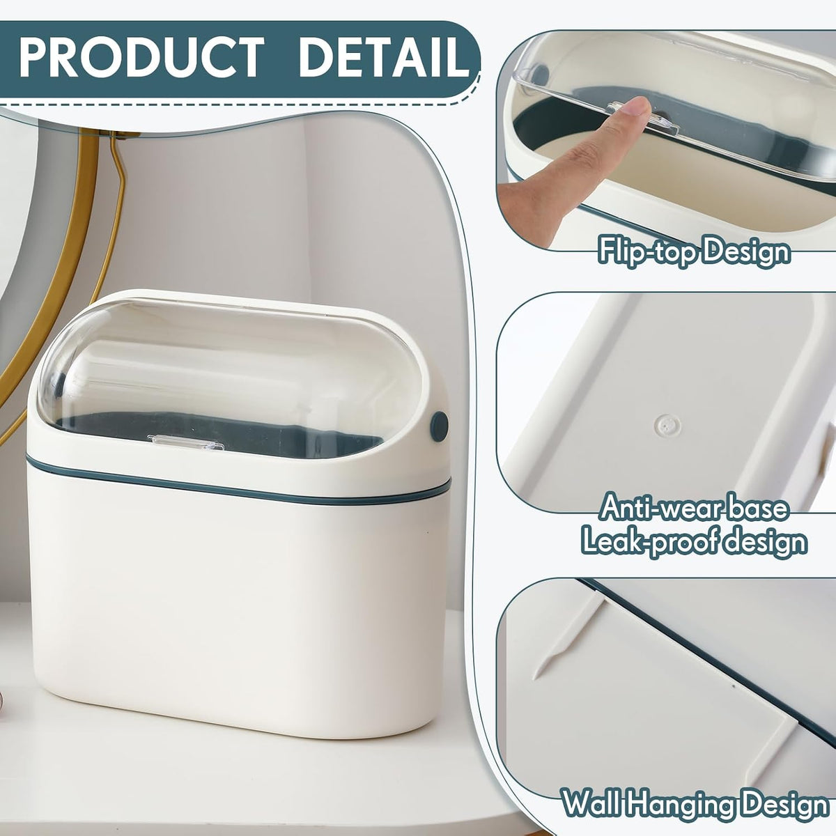 Bokon 2 Pack Mini Trash Can with Lid, 0.5 Gal Small Wall Mounted Trash Bin for Bathroom Vanity, Desk, Countertop, Cabinet Door and Office, Includes 120 Trashbags, White