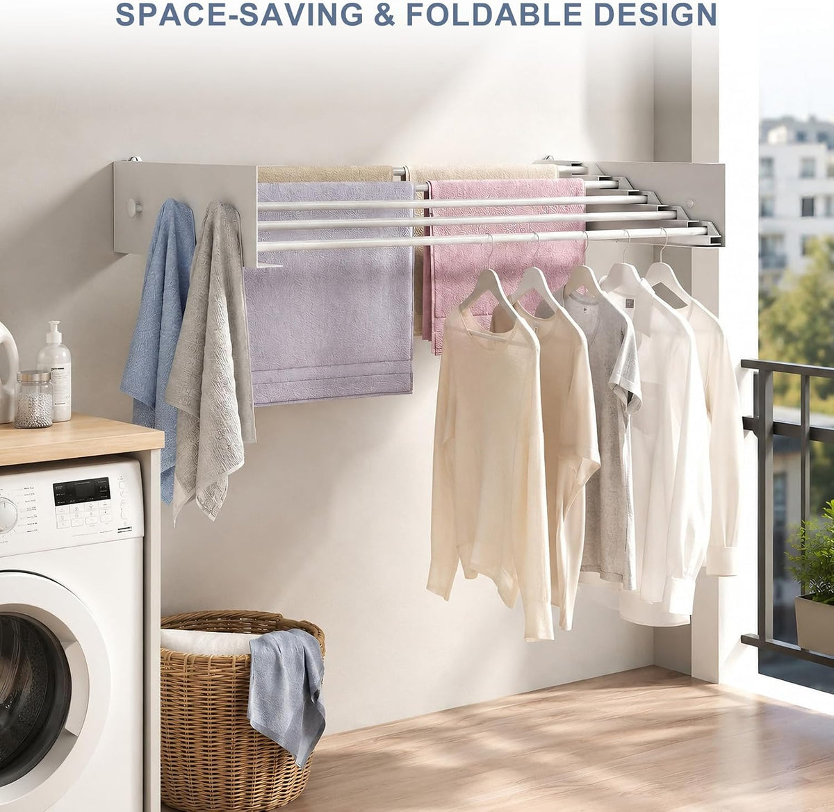 Extra Wide 40 Inch Drying Rack, Wall Mounted Foldable Clothes Drying Rack with 5 Stainless Steel Rods, Space Saving Indoor Laundry Rack for Apartment, Bathroom, and Balcony Home Organization