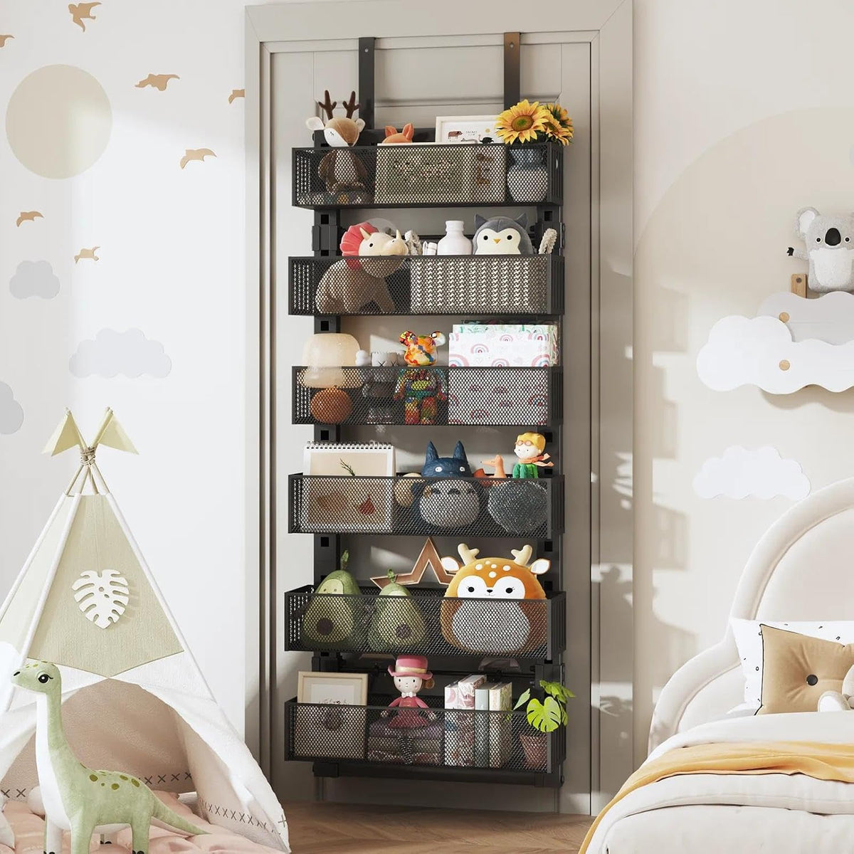 Over The Door Organizer, 6-Tier Heavy-Duty Metal Mesh Rack, Adjustable Large Baskets, 2-in-1 Hanging or Wall Mount Spice Rack, Behind The Door Organizer for Bedroom Closet Bathroom Pantry Kitchen