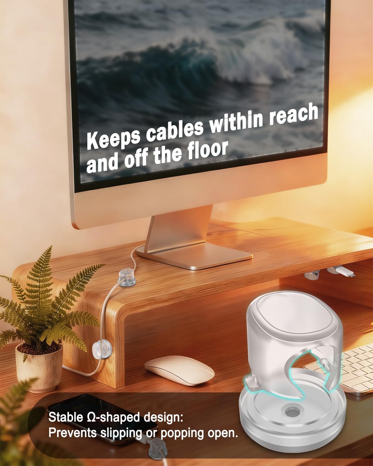 Rotatable Cord Organizer, Snap-Lock Cable Clips Phone Charger Cord Holder, 8 Pack Desk Cable Management, Adhesive Wire Organizer for Nightstand/Car/Kitchen/Office Accessories/Room Decor, Clear