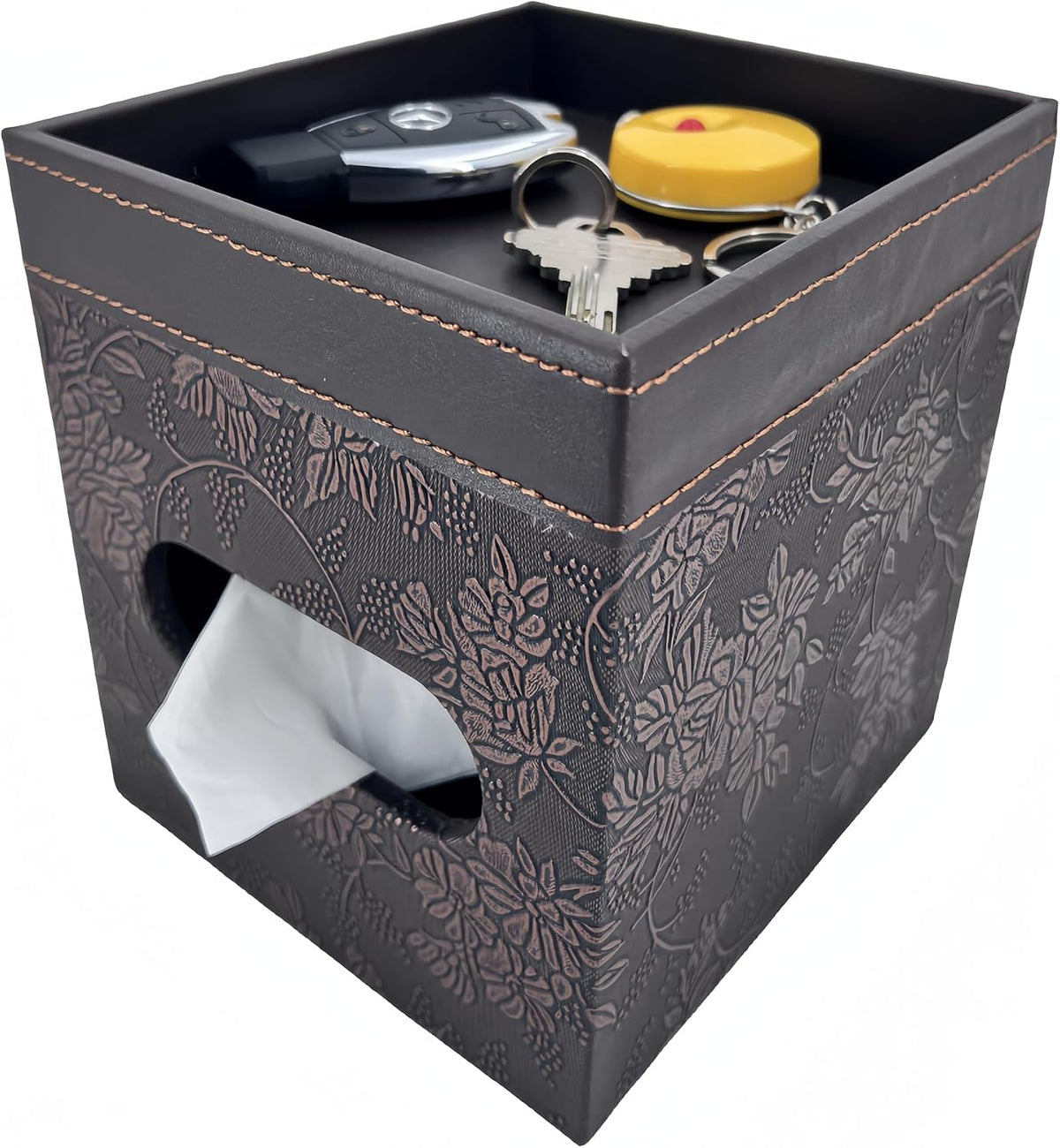 PU Leather Tissue Box Cover Square, Modern Tissue Holder with Storage Valet Tray, Nightstand Decorative Tissues Case, Facial Tissue Box Holder for Bathroom,Bedroom,Livingroom and Office (Antique)