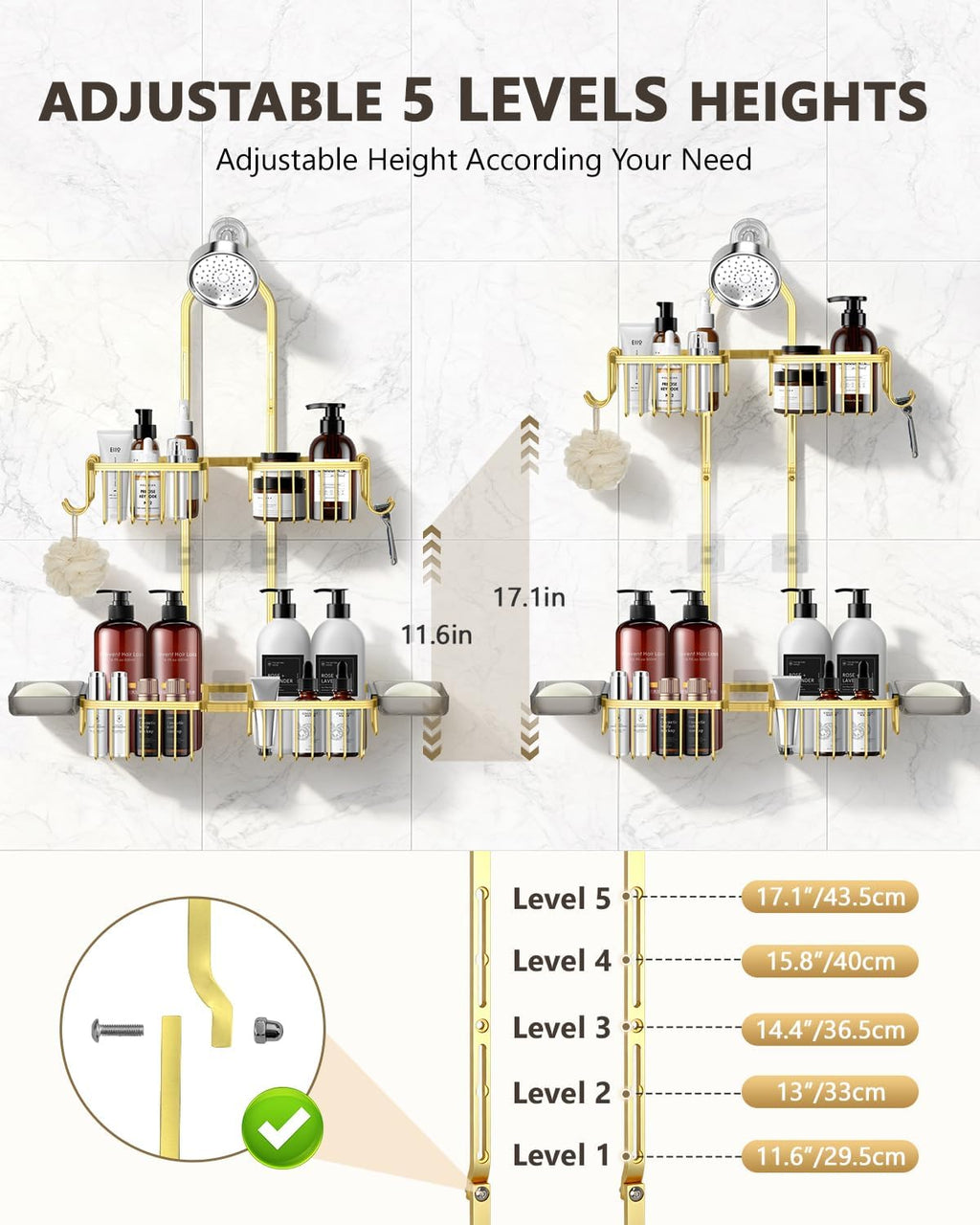 Adjustable Shower Caddy Hanging - Never Rust Shower Organizer Hanging, Aluminum Shower Racks for Inside Shower - Bathroom Organizers and Storage with 2 Soap Holders and 2 Removable Hooks Gold
