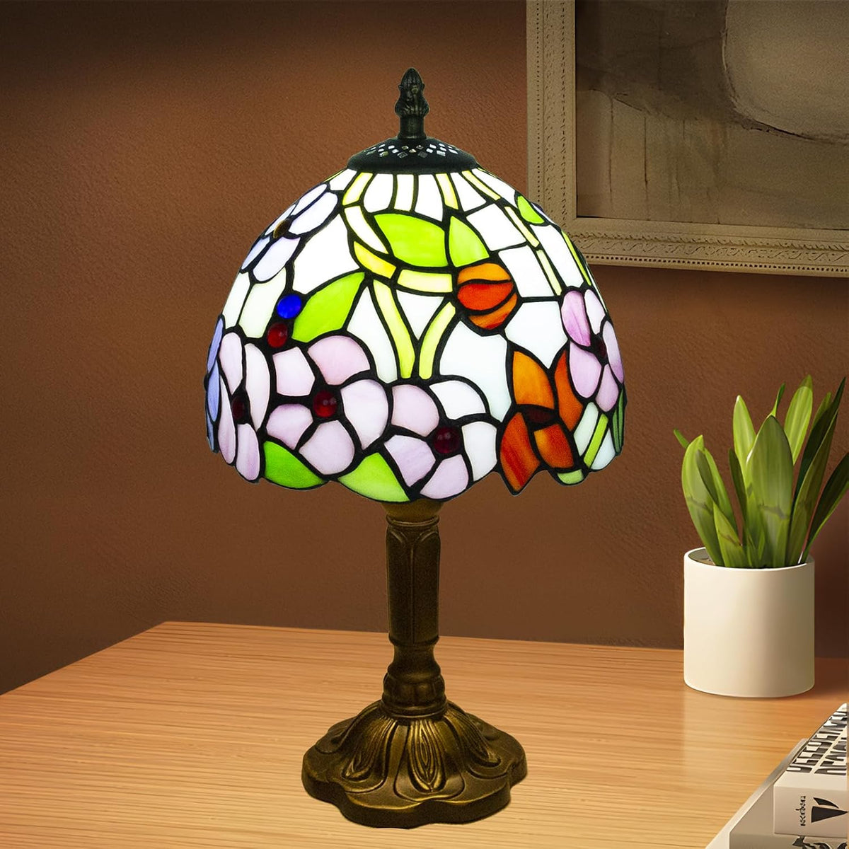Small Tiffany Style Stained Glass Table Lamp, 8 Inch, Flower Pattern