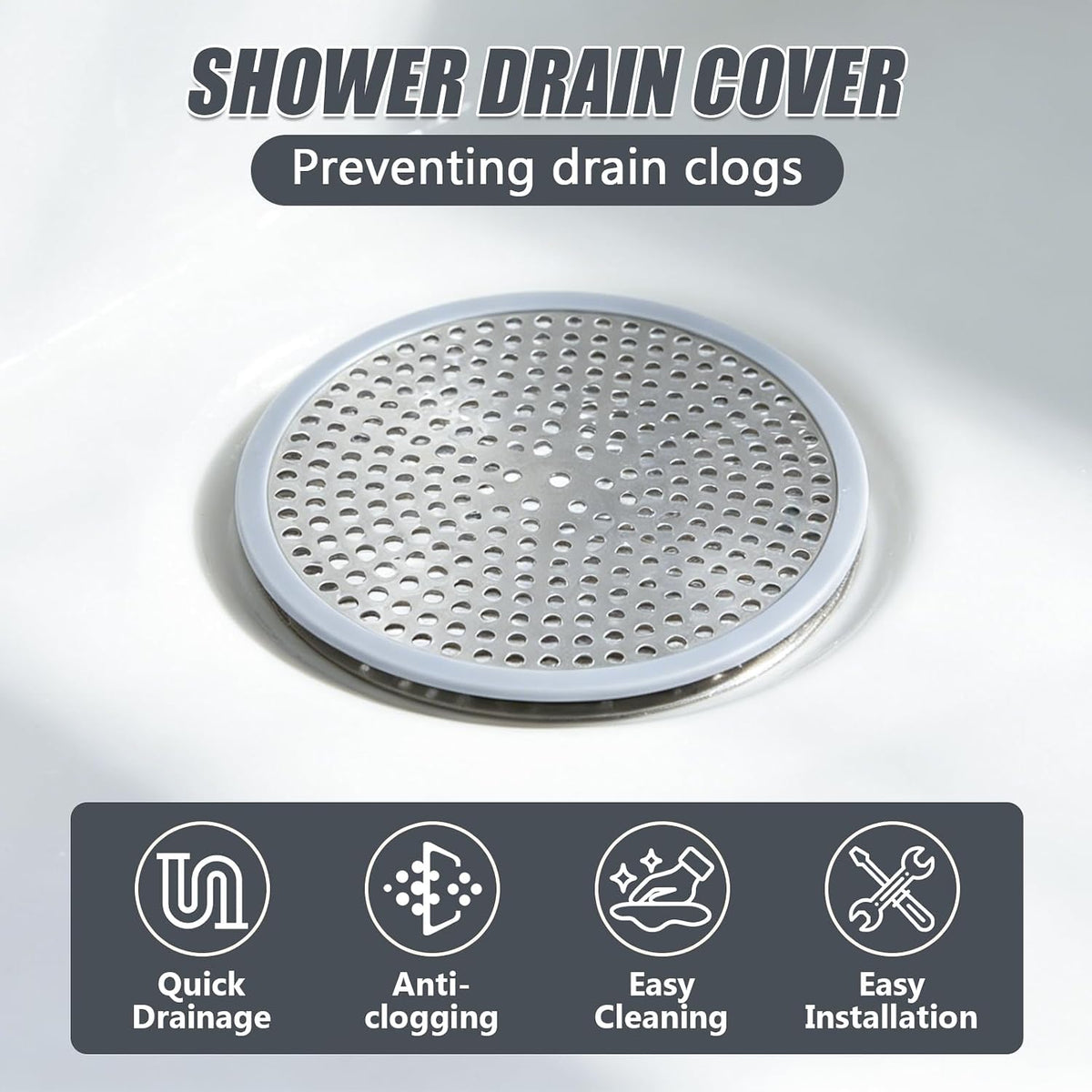 Stainless Steel Shower Drain Hair Catcher/Strainer/Silicone Edges