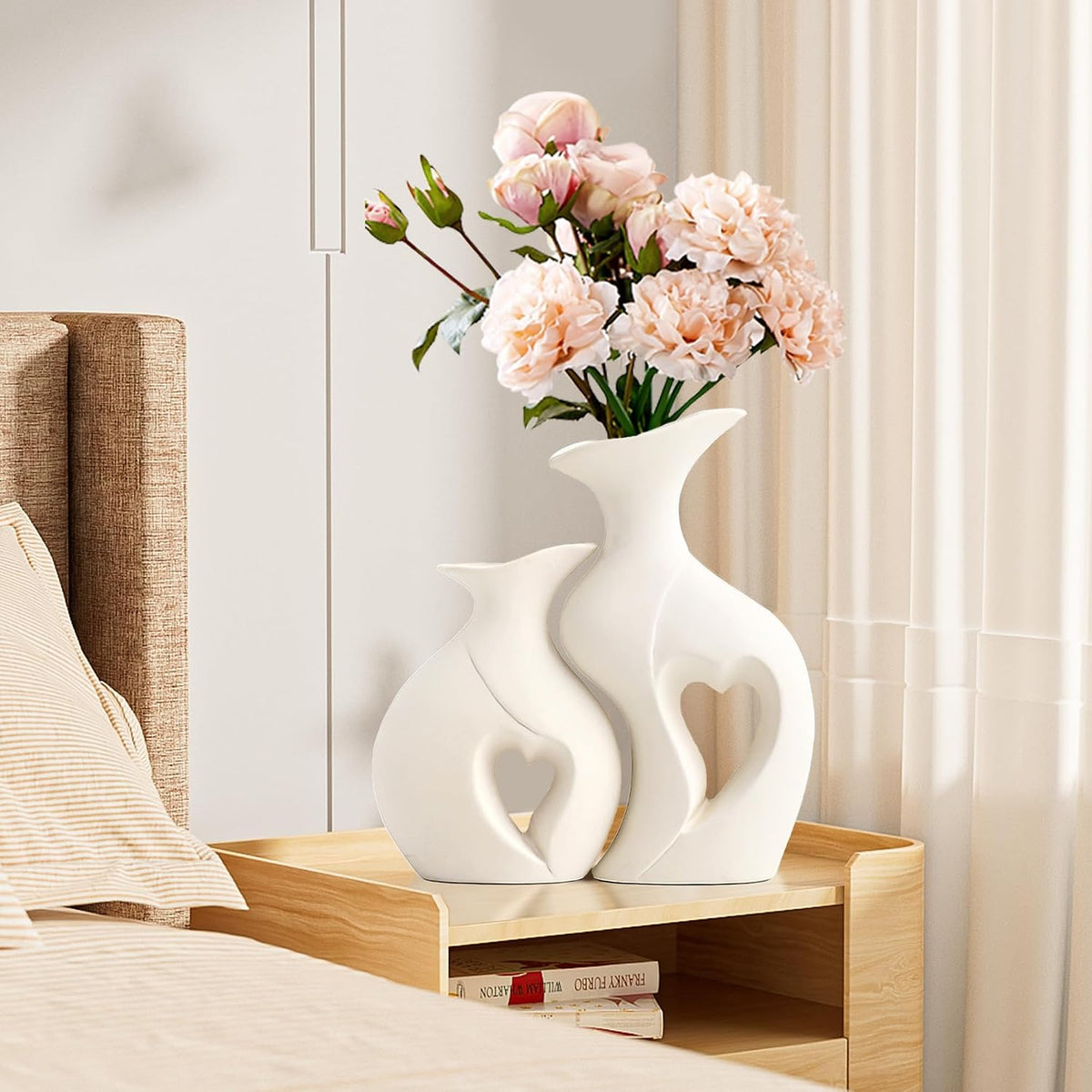 XL White Flower Vases, Nordic Heart Shaped Ceramic Set of 2