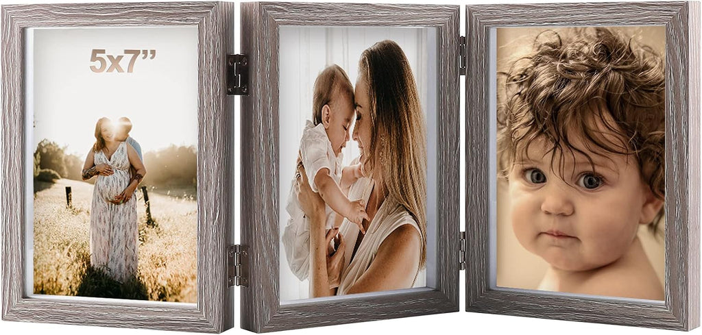 5x7 Triple Hinged Picture Frames Shadow Box MDF Wood Grey with Real Glass 3 Vertical Opening Family Lover Gift