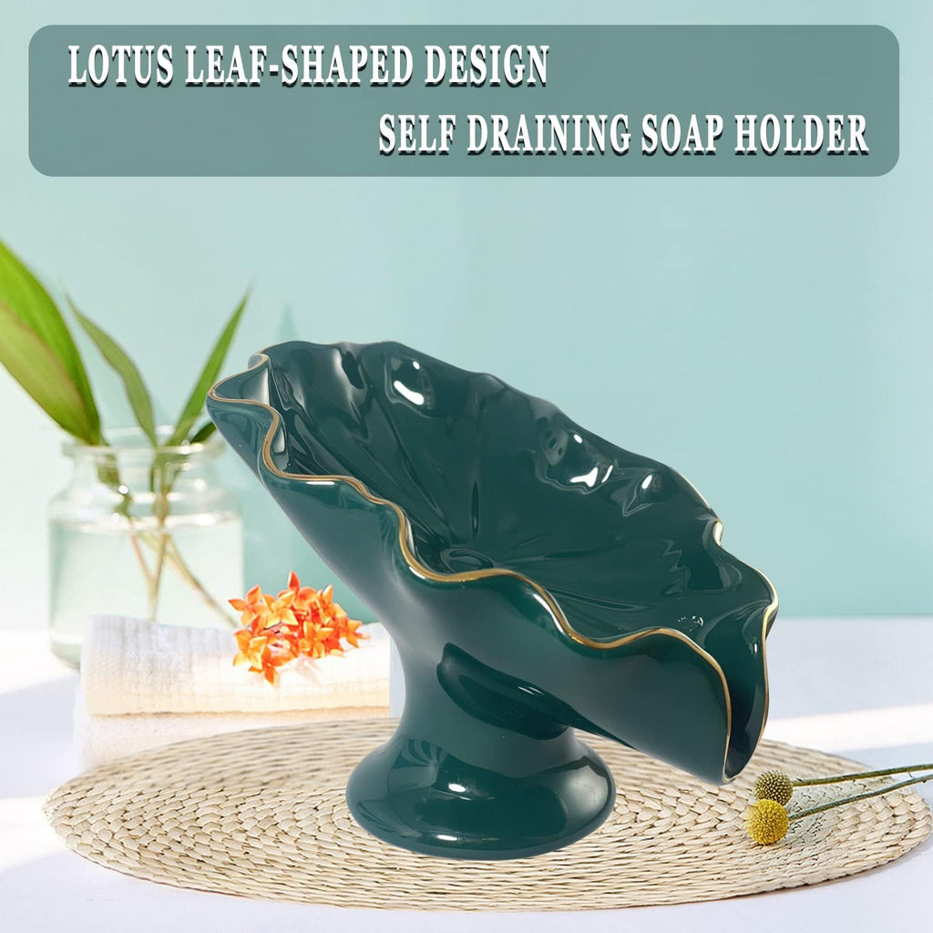 Bathroom Soap Dishes Green, Lotus Leaf Soap Holder,Ceramic Soap Dish for Counter Top,Self Draining Soap Holder (Green)