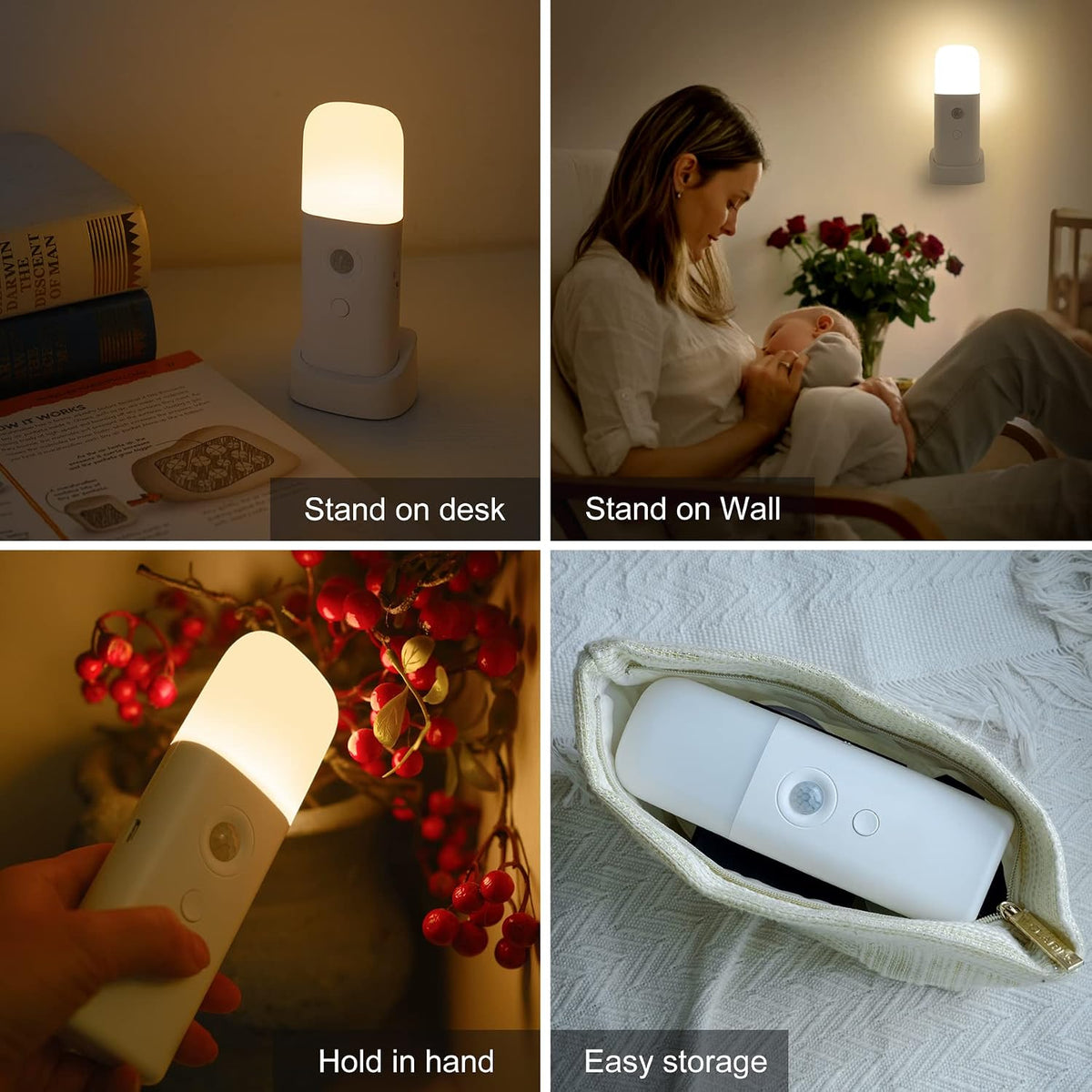 CREWEEL Rechargeable Motion Sensor Night Light, Battery Operated nightlights, Dimmable Motion Sensor Light Indoor, Cordless Motion Activated Night Lights for Adults, Bathroom, Bedroom, Hallway(2Pack)
