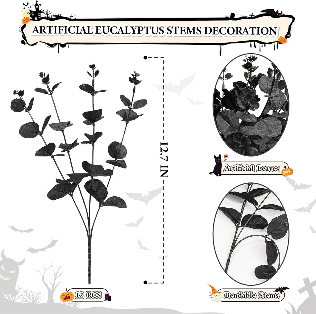 MEILIDY Artificial Eucalyptus Stems, Faux Foliage Branches, Black, 12 Pcs
