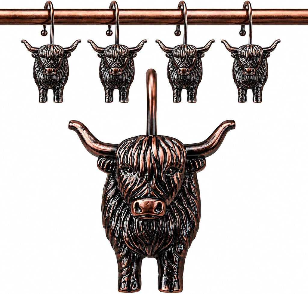 Highland Cow Shower Curtain Hooks, Rust-Resistant Zinc Alloy Metal Hooks, Farmhouse Bathroom Decor, 12 Pack (Antique Copper)
