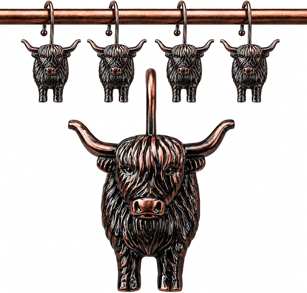 Highland Cow Shower Curtain Hooks, Rust-Resistant Zinc Alloy Metal Hooks, Farmhouse Bathroom Decor, 12 Pack (Antique Copper)