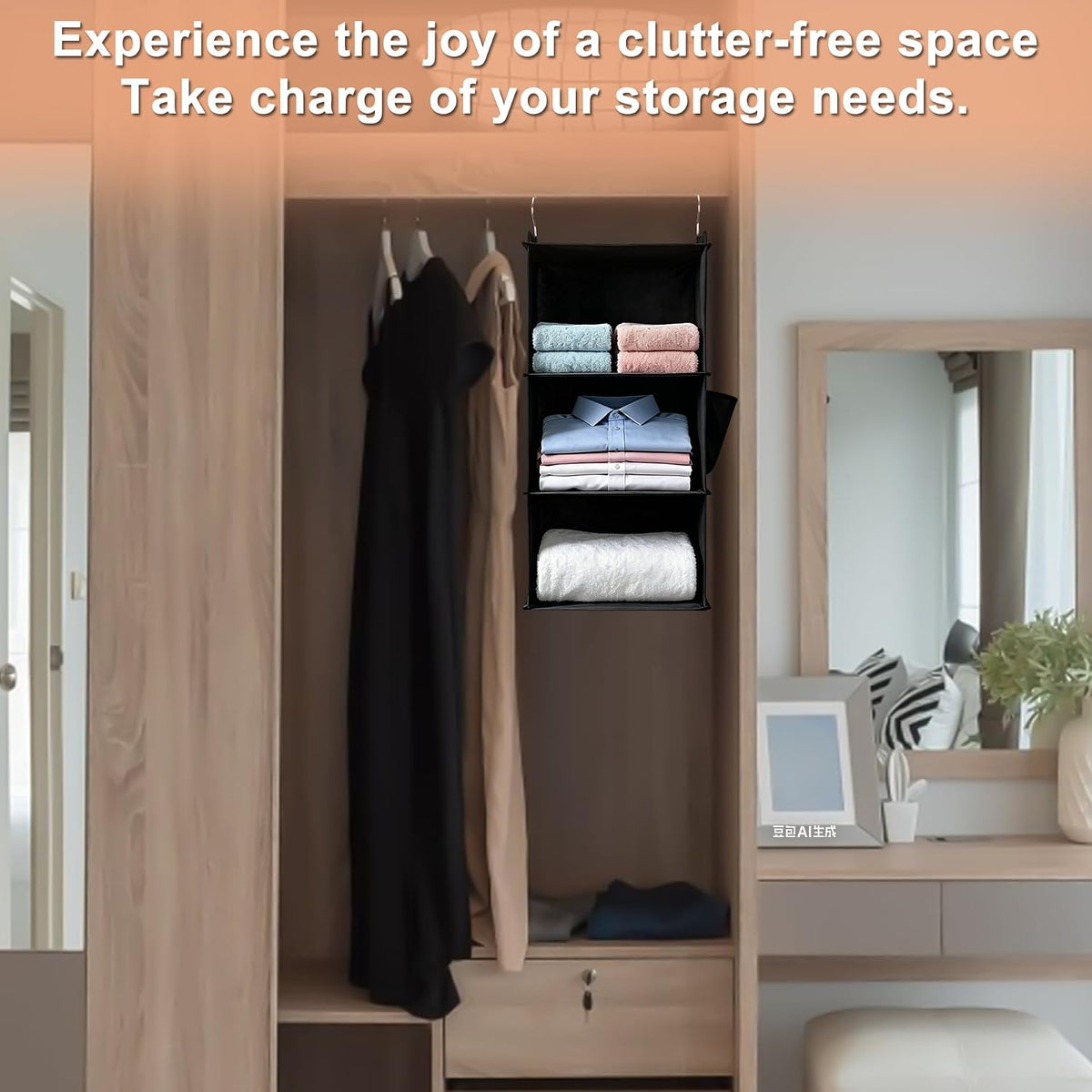 Hanging Closet Organizer and Shelves,3 Shelves with 1 Side Pockets (Grey)