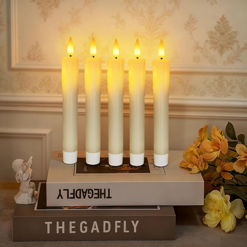 7 Inches Dripless Flameless Taper Candles with Remote Timer Dimmer, Real Wax Battery Candlesticks, 3D Flame Fake Candlesticks for Home Wedding Christmas Decor, Ivory, 6 Pcs
