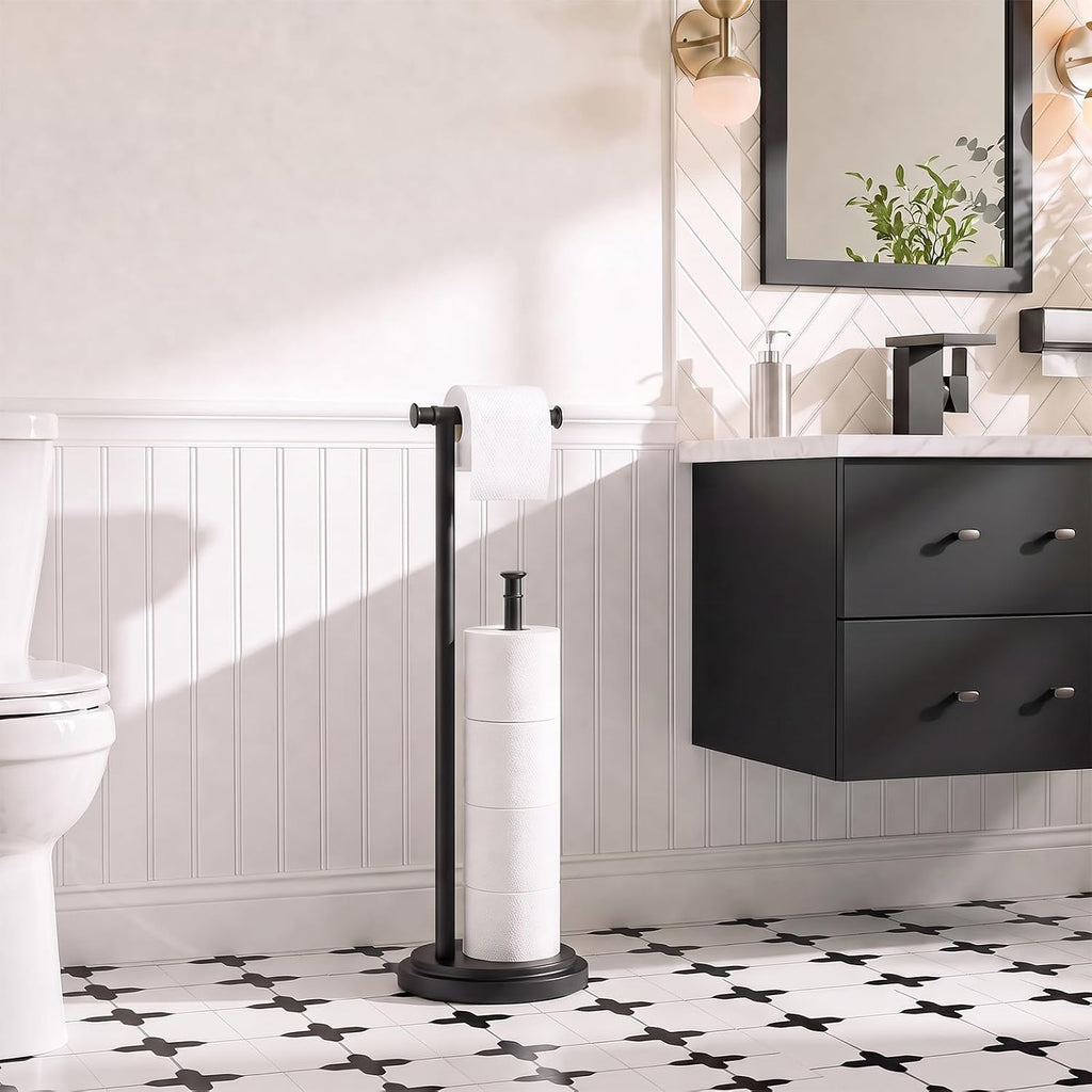 Hoimpro Toilet Paper Holder Stand Bathroom Free Standing Matte Black